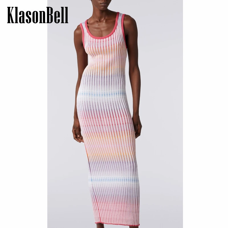 

5.8 KlasonBell Fashion Striped Sleeveless Knit Long Dress Women Summer New U-Neck Slim Package Hip Pencil Dress