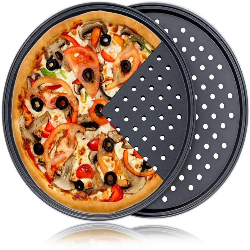 

Nonstick Carbon Steel Pizza Crisper Trays Baking Pan with Holes Round Deep Dish Plate Bake Wave Mould Oven Home Kitchen Tools