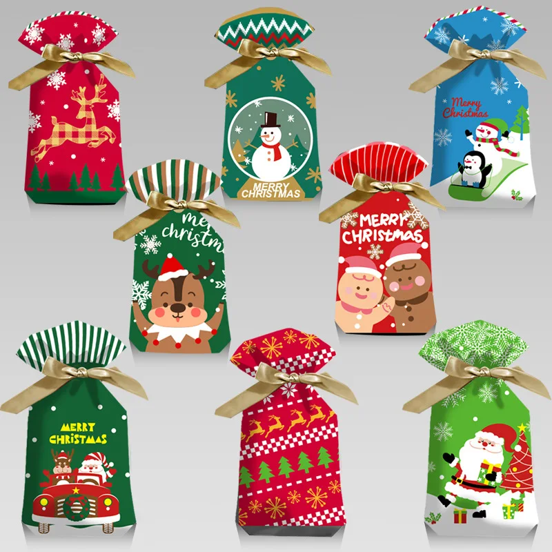 

10pcs Christmas Candy Gift Bags Merry Christmas Elk Santa Cookie Biscuit Packing Bags For Home Xmas Ornaments New Year Noel Gift