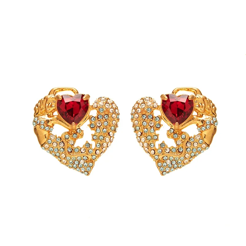 

Fraya Heart Shaped Leaves Stud Earrings Red Diamonds Earrings 925 Sterling Silver Pin 18K Gold Plated Trendy Lovely Fine Jewelry