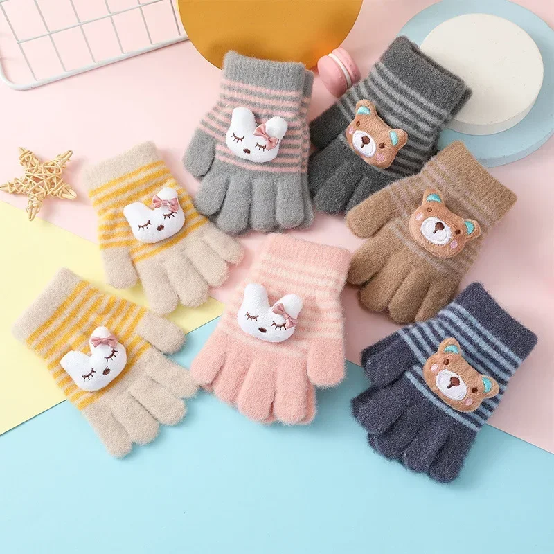 

Детские зимние теплые перчатки с милым мультяшным кроликом медведем Детские вязаные перчатки с пятью пальцами для дошкольного возраста для мальчиков и девочек от 3 до 6 лет