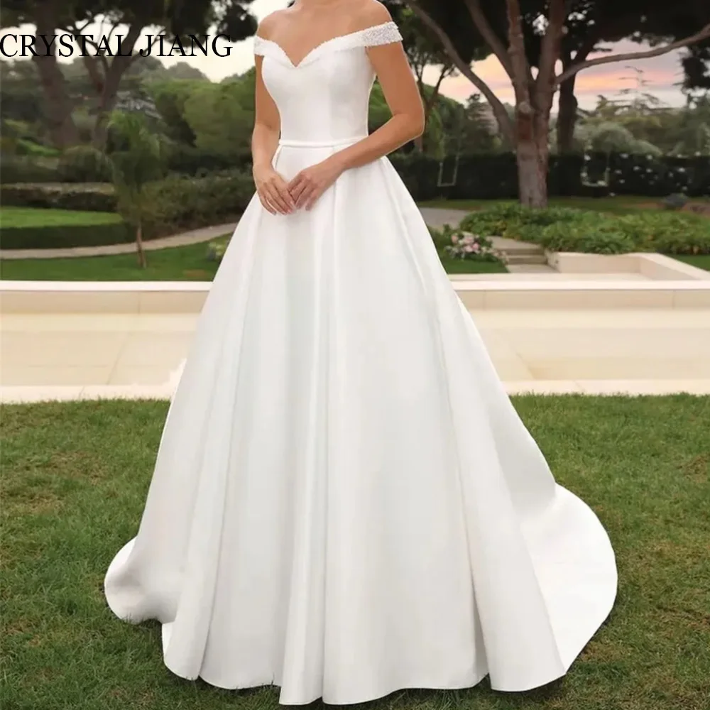 Simple Long Ivory Off the Shoulder Beaded Satin Wedding Dresses A Line Sweep Train свадебное платье Bridal Gowns
Simple Long Ivory Off the Shoulder Beaded Satin Wedding Dresses A Line Sweep Train свадебное платье Bridal Gowns