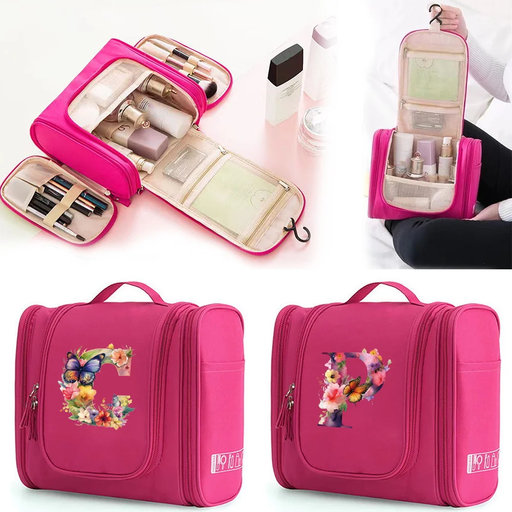 

2023 New Multi Functional Women's Fashion Butterfly Letter Pattern Hanging Washing Travel Storage Bag Minimalist Makeup Bag