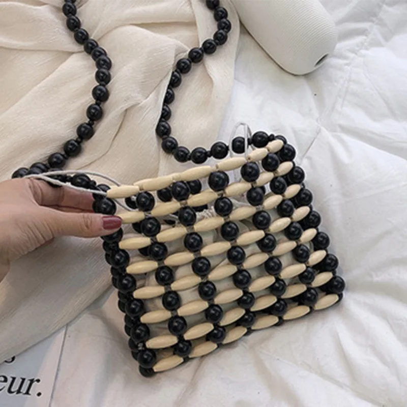 

Vintage Wooden Bead Woven Women's Bag New Ins Casual Simple Beaded Handmade Hollow Crossbody Bags for Woman 2024 Customization