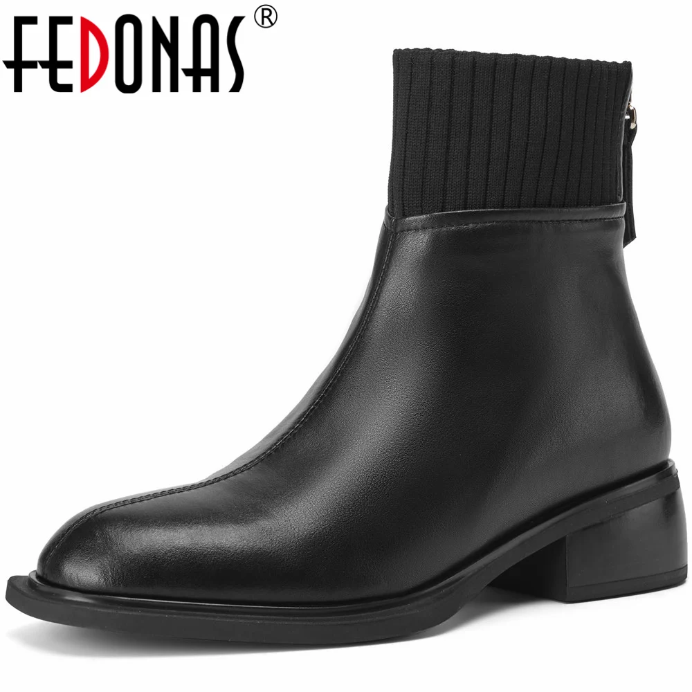 

FEDONAS 2023 Women Genuine Leather Ankle Boots Splicing Knitting Round Toe Office Lady Working Shoes Woman Autumn Winter Concise