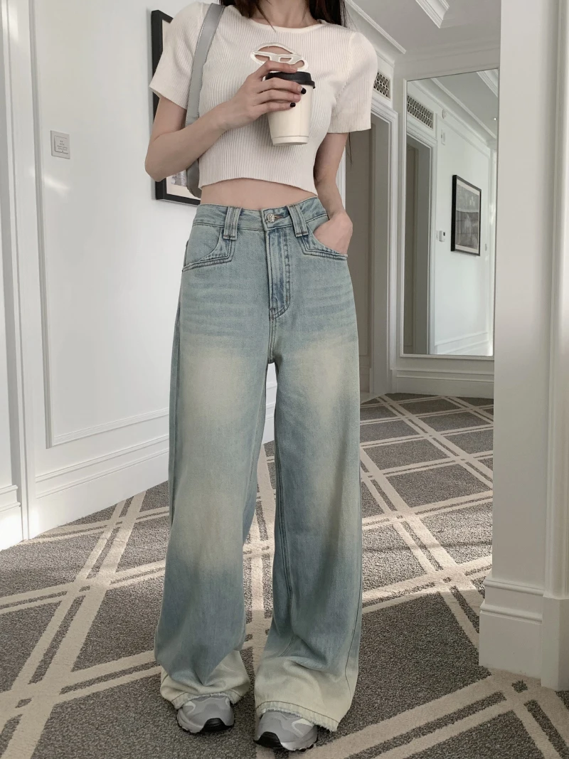 

Slergiri High Waisted Jeans Women's Fashion Vintage Y2K Loose Wide Leg Denim Pants Streetwear Washed Blue Full Length Trousers