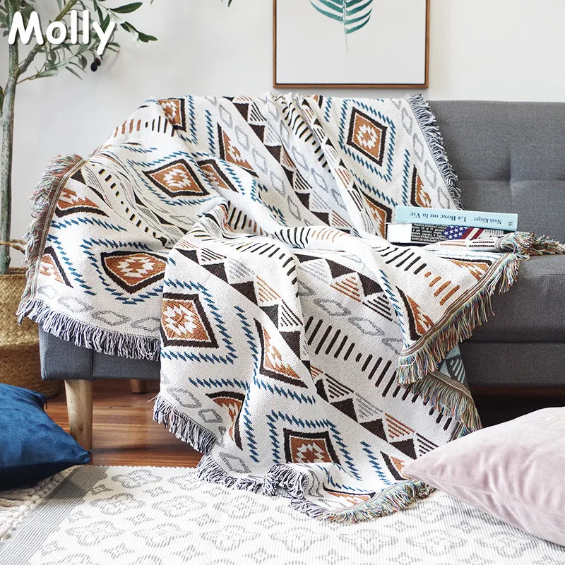 

Geometric Pattern Sofa Throw Blanket Boho Woven Bed Bedspread Travel Portable Blankets Camping Picnic Beach Rug Tribal Tapestry