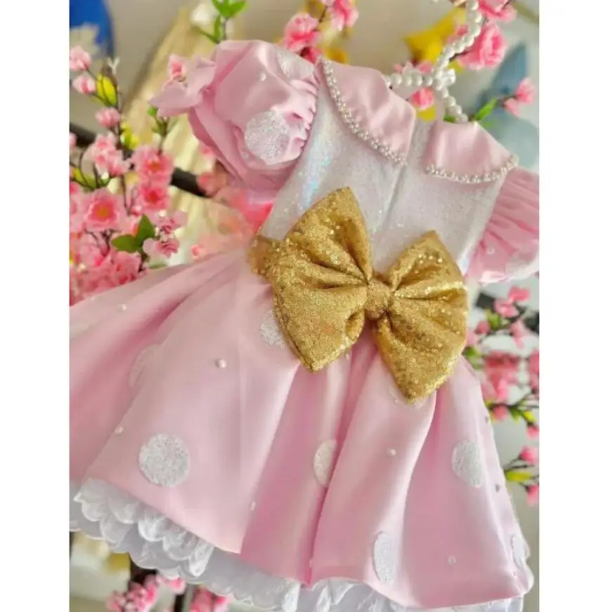 

Sparkly Pink First Birthday Dresses for Baby Girls Gold Sequined Bow Tiered Tutu Gown Kids Carnival Wedding Pageant Costumes