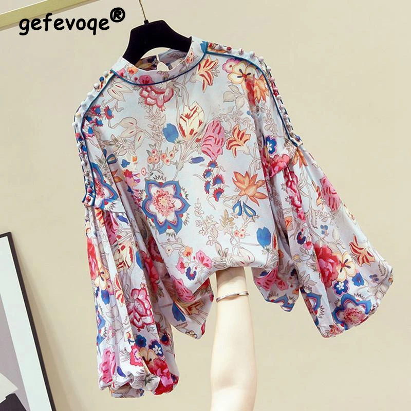 

Spring Autumn Korean Fashion Elegant Vintage Floral Print Blouse Top Women Office Lady Lantern Sleeve Chic Chiffon Shirts Blusas