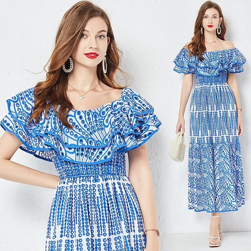 New Women's Clothing Graceful and Fashionable Pullover Boat Neck off-the-Shoulder Embroidered Hollow-out Cinched Ruffled Long Dr
New Women's Clothing Graceful and Fashionable Pullover Boat Neck off-the-Shoulder Embroidered Hollow-out Cinched Ruffled Long Dr
