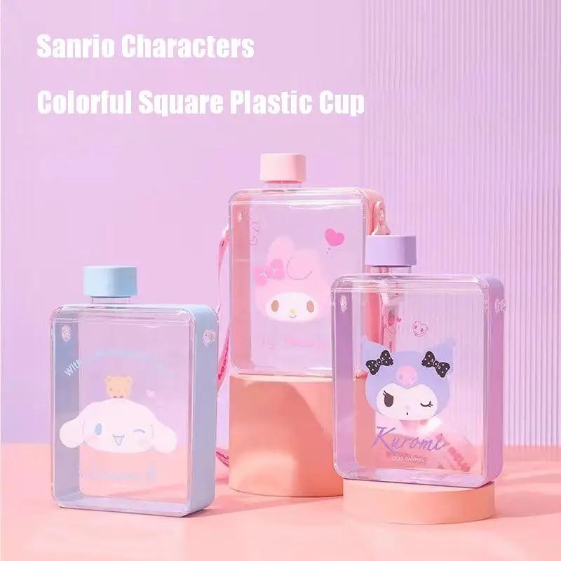 

Sanrio Characters Colorful Square Plastic Cup Kawaii Cinnamoroll Kuromi Mymelody 500Ml Large Capacity Portable When Going Out