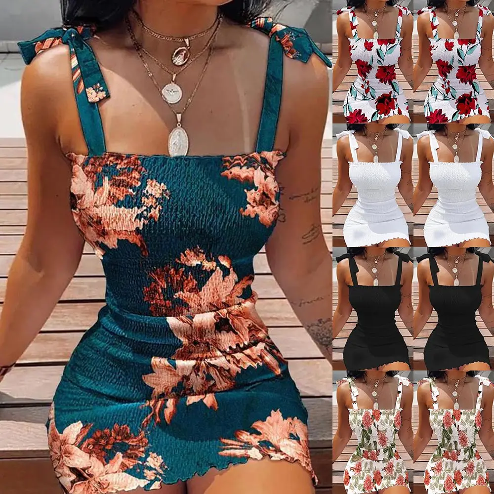 

HOT Sexy Women Floral Print Bodycon Strappy Sleeve Mini Dress Beach Bandeau Slim Fit Bodycon Sundress Summer Spring