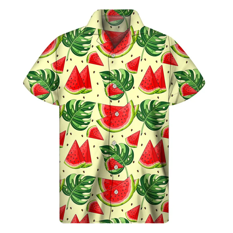 

Гавайская рубашка с ярким рисунком арбуза, летние топы, рубашки с короткими рукавами и пуговицами с 3d принтом фруктов, Мужская одежда, блузка с лацканами