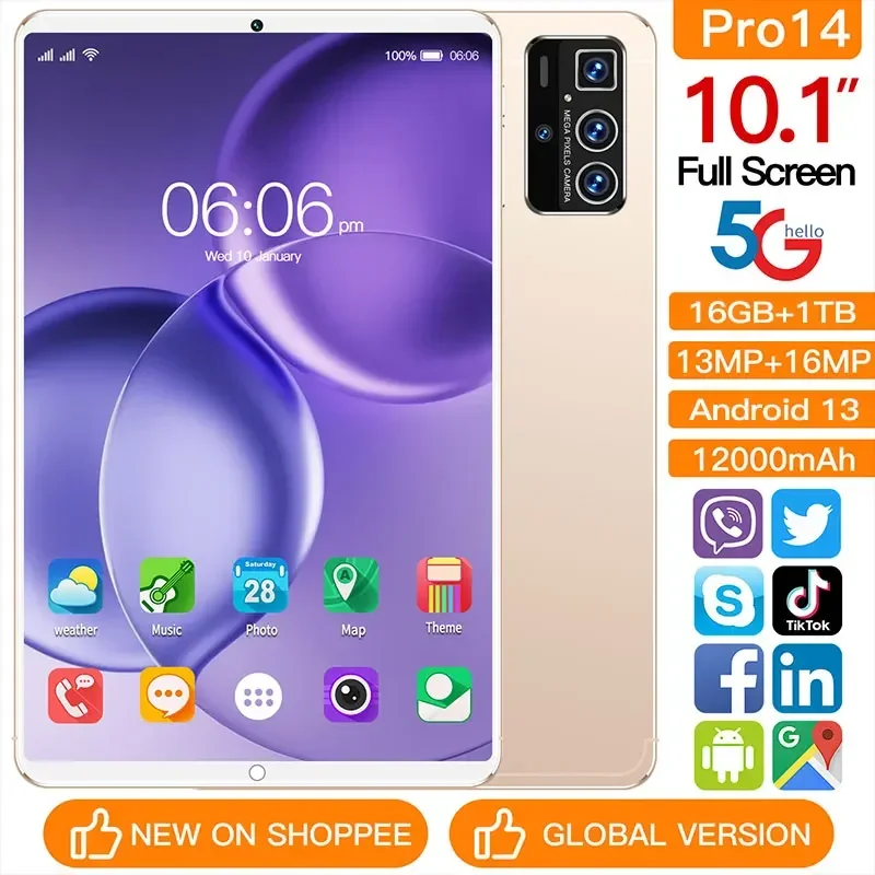 

Новинка 2024, планшеты глобальная версия Pro 14, Оригинальный планшет HD диагональю 10,1 дюйма, планшеты Android, планшеты Google Play, аккумулятор 12000 мАч