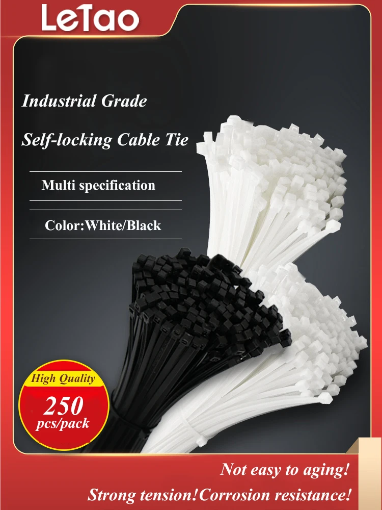 

250pcs Cable Zip Ties Self-locking Nylon Cable Tie 100 Pieces Black 5x300 Fastening Ring Industriali Organizer Plastic Reusable
