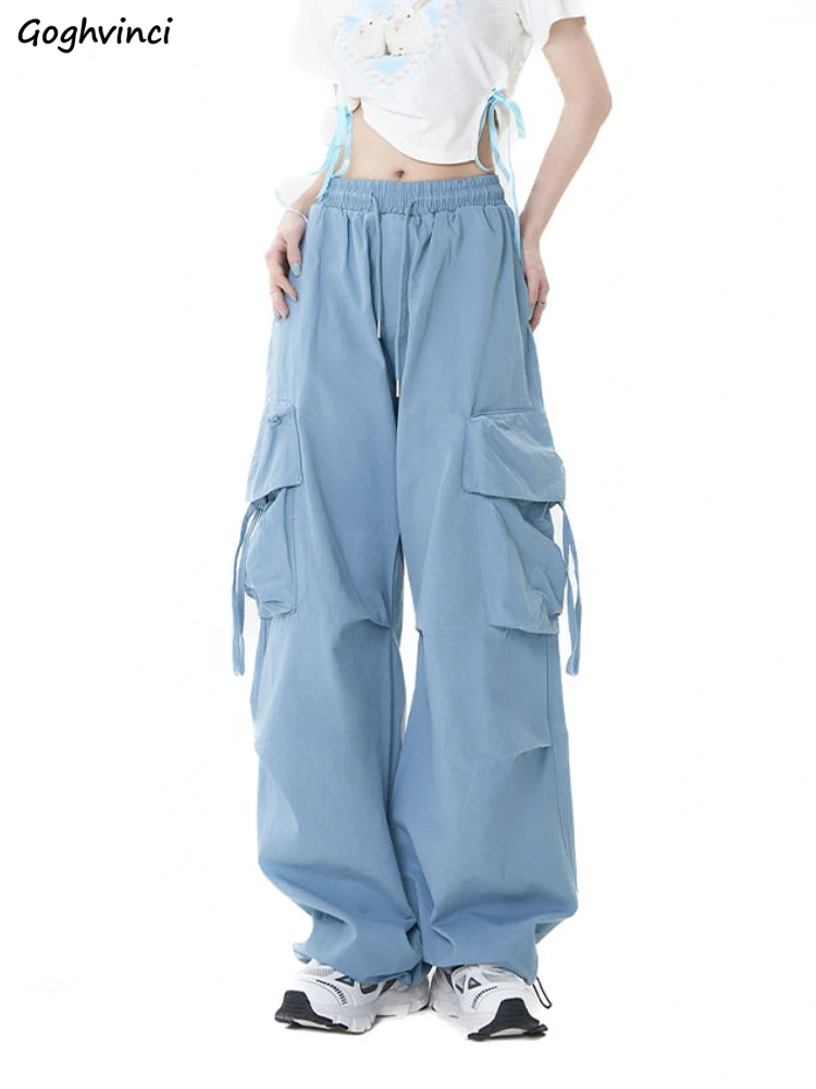 

Blue Women Wide Leg Pants Y2k Baggy Retro Draw-string Trendy Street All-match Hotsweet American Style Female Simple Big Pockets