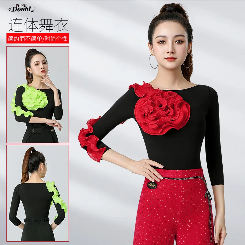 

Doubl Latin dance dress 2024 new line collar seven points sleeve high-end women's dance dress brand ballroom clothing