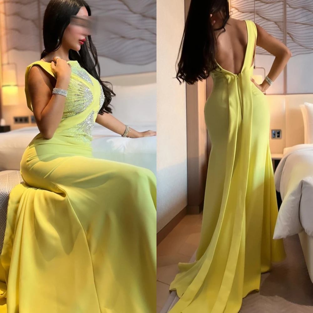 

Prom Dress Saudi Arabia Satin Beading Draped Wedding Party Criss-Cross Sheath O-Neck Bespoke Occasion Gown Long Dresses