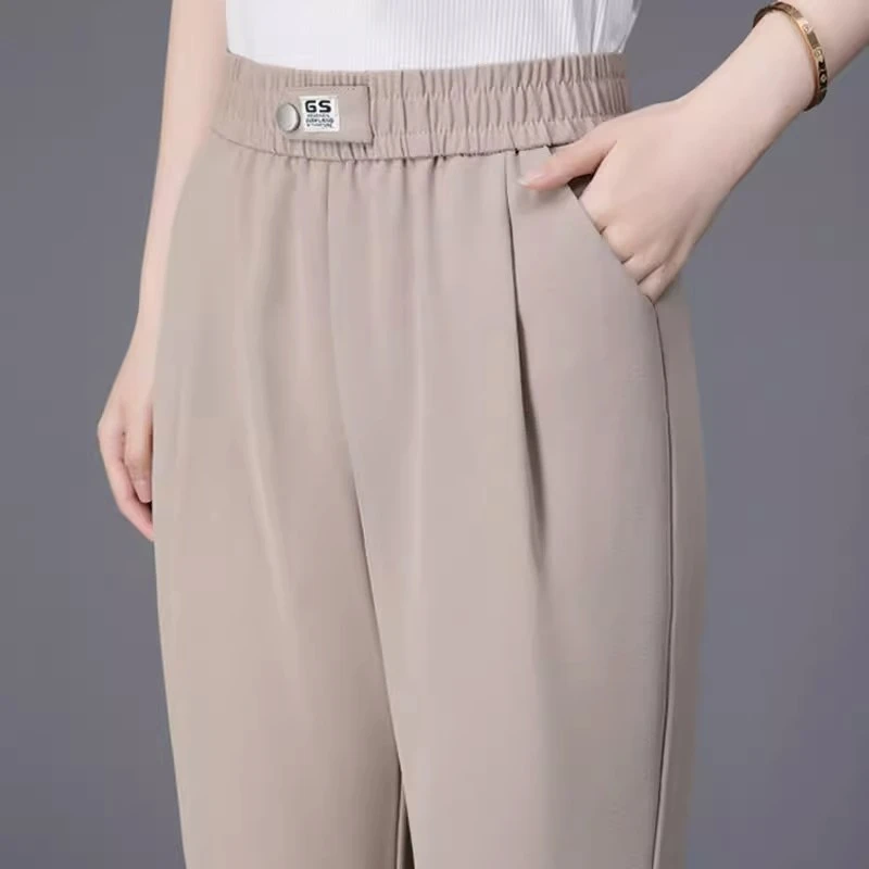 

Summer Thin Ice Silk Cropped Casual Harlan Pants Women Solid Elastic Waisted Pockets Fashion Versatile Loose Straight Trousers