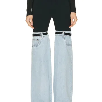 Pantalonas Vintage de Estampa de Leopardo: Um Toque Selvagem ao Seu Guarda-roupa 8 DEAT Fashion Women's Jeans High Waist Straight Patchwork PU Leather Buckle Streetwear Denim Pants Spring 2024 New Trend 17A2013H