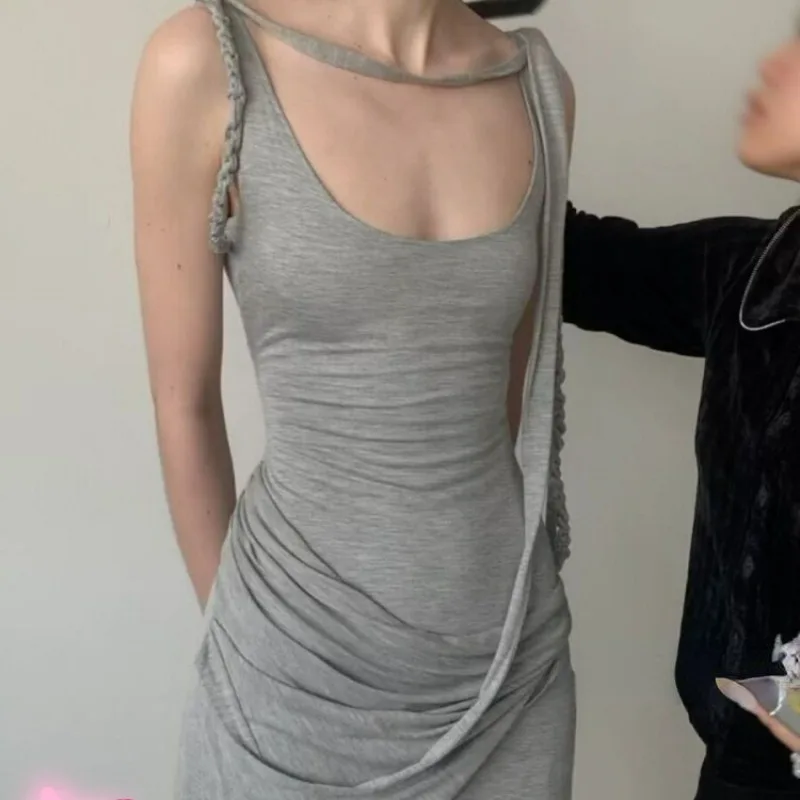 

Сексуальное облегающее платье Y2k с квадратным воротником до ключиц, женское гранж, уличная одежда, модные женские платья с лентой и открытой спиной, платья-жилеты