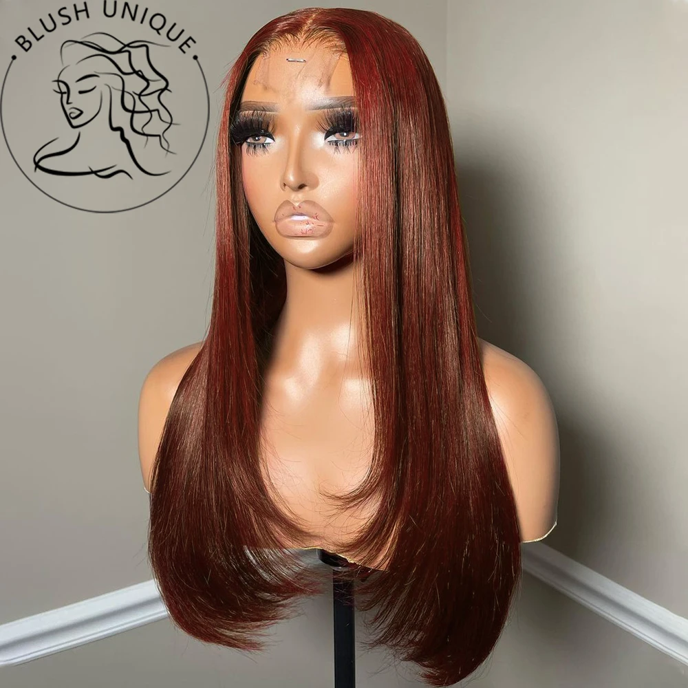 

13X4 Glueless Straight Layered Wigs Reddish Brown Layered Cut Lace Front Wigs Copper Red Synthetic Butterfly Haircut Lace Wig