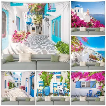 그리스 풍경 태피스트리 해변 마을 거리 꽃 식물, 블루 화이트 문짝 창 건축, 정원 벽걸이 홈 장식