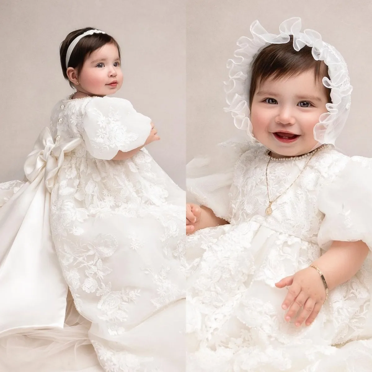 

Luxury Long Baptism Dress for Baby Flower Girls Dresses Short Sleeve Fluffy Christening Gowns Girl Blessing Dress