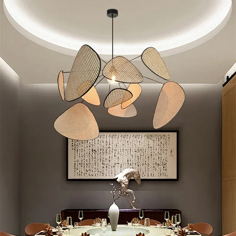 

Modern Nordic Rustic Restaurant Woven Chandelier Lamp Kitchen Dining Led Ceiling Bamboo Wood Pendant Light Kitchen Pendant