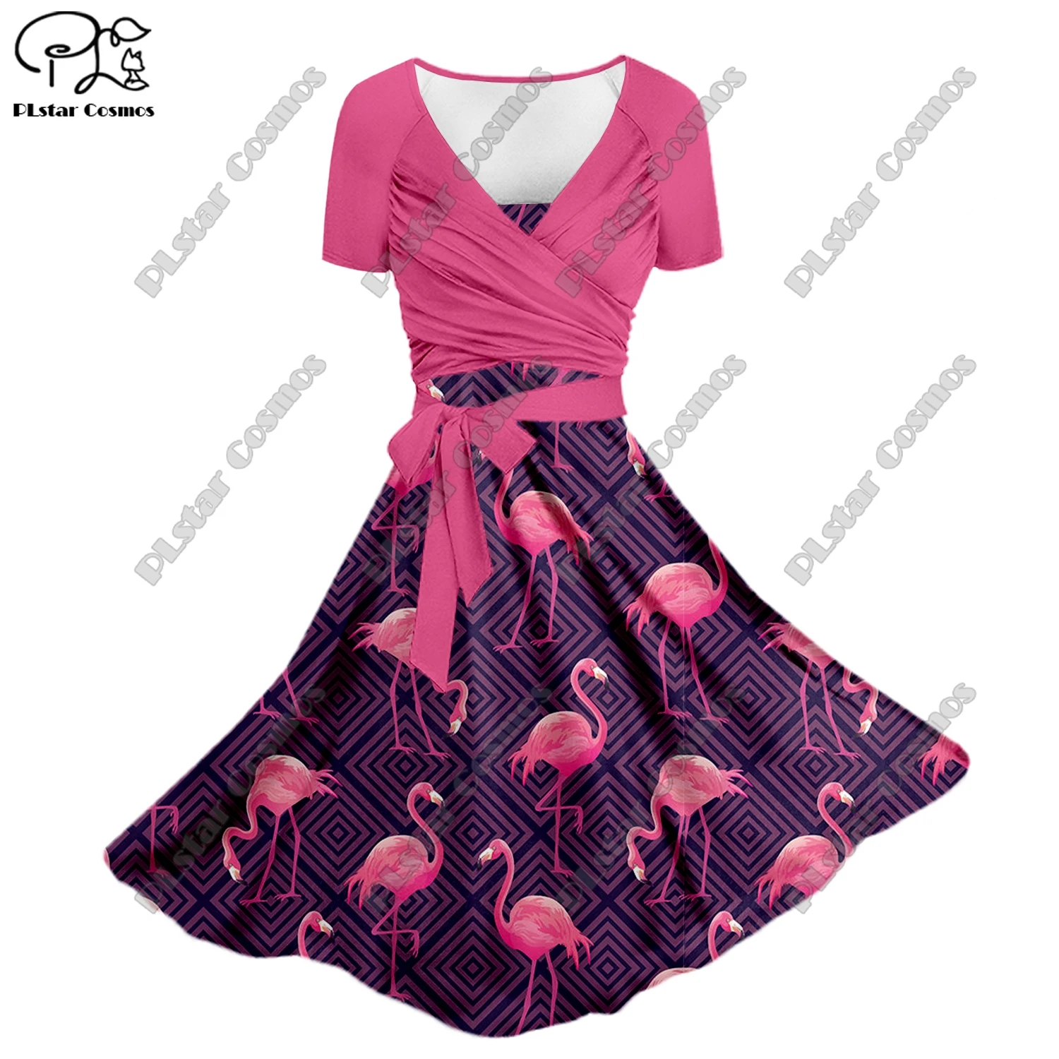 

3D printing flower color gradient flamingo summer A-line suspender skirt bowknot twill top ladies two-piece set series 1