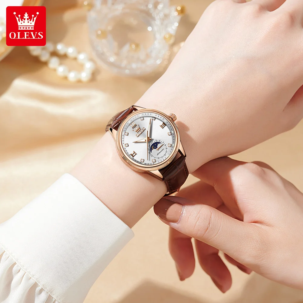 OLEVS-Montre mécanique automatique étanche pour femme, montre-bracelet Shoous Phase de lune, montres élégantes pour femme, mode originale 3