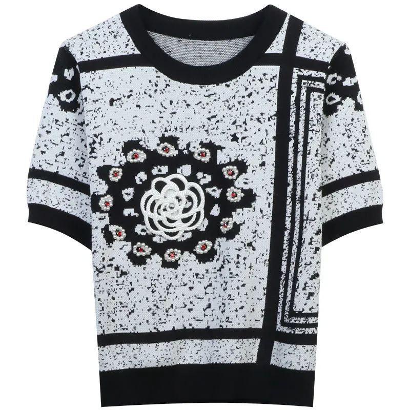 Black White Print T Shirt Women 2023 O Neck Short Sleeve Knitted Shirt Women Beaded Summer T-shirts Ladies Tee Runway Tops
Black White Print T Shirt Women 2023 O Neck Short Sleeve Knitted Shirt Women Beaded Summer T-shirts Ladies Tee Runway Tops