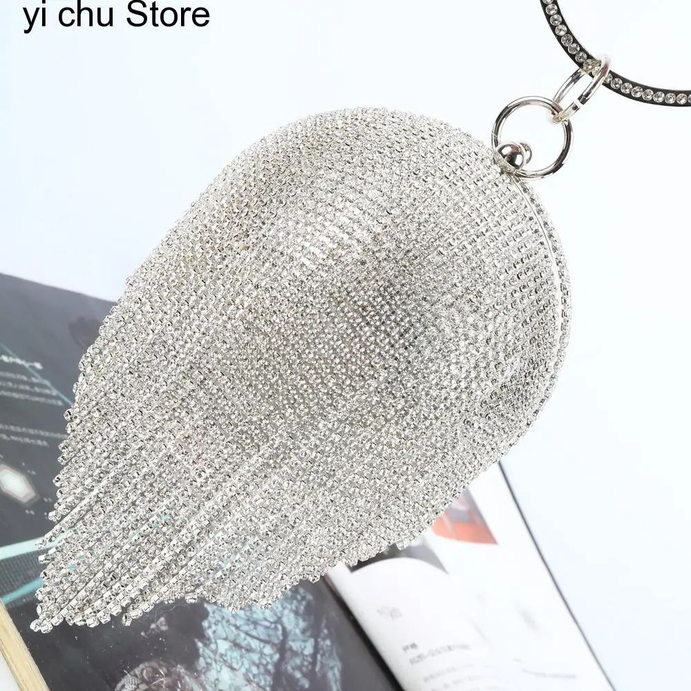 

New Sliver Diamonds Rhinestone Round Ball Bags For Women Fashion Small Tassels Clutch Bag Ladies Ring Handbag Evening Clutches