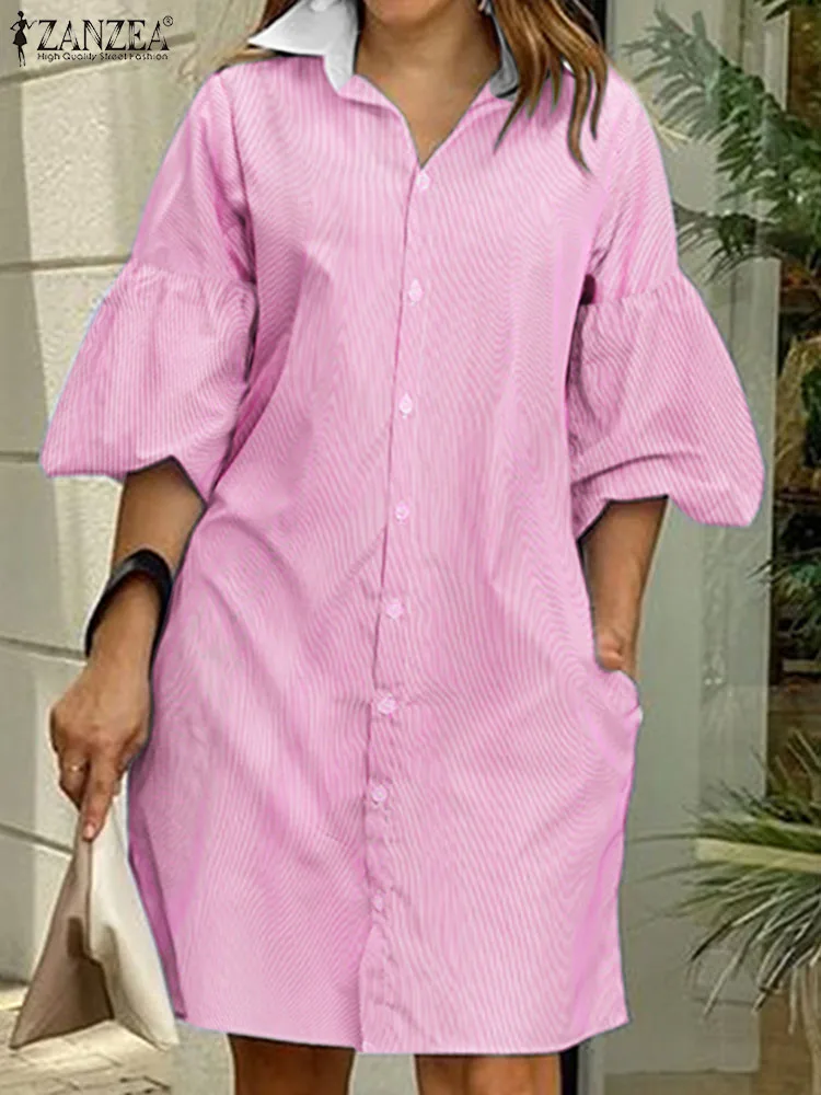 

ZANZEA Bohemian Stripe Printed Dress Fashion Lantern Sleeve Shirtdress Casual Lapel Thigh Length Robe Elegant Loose Vestido 2023