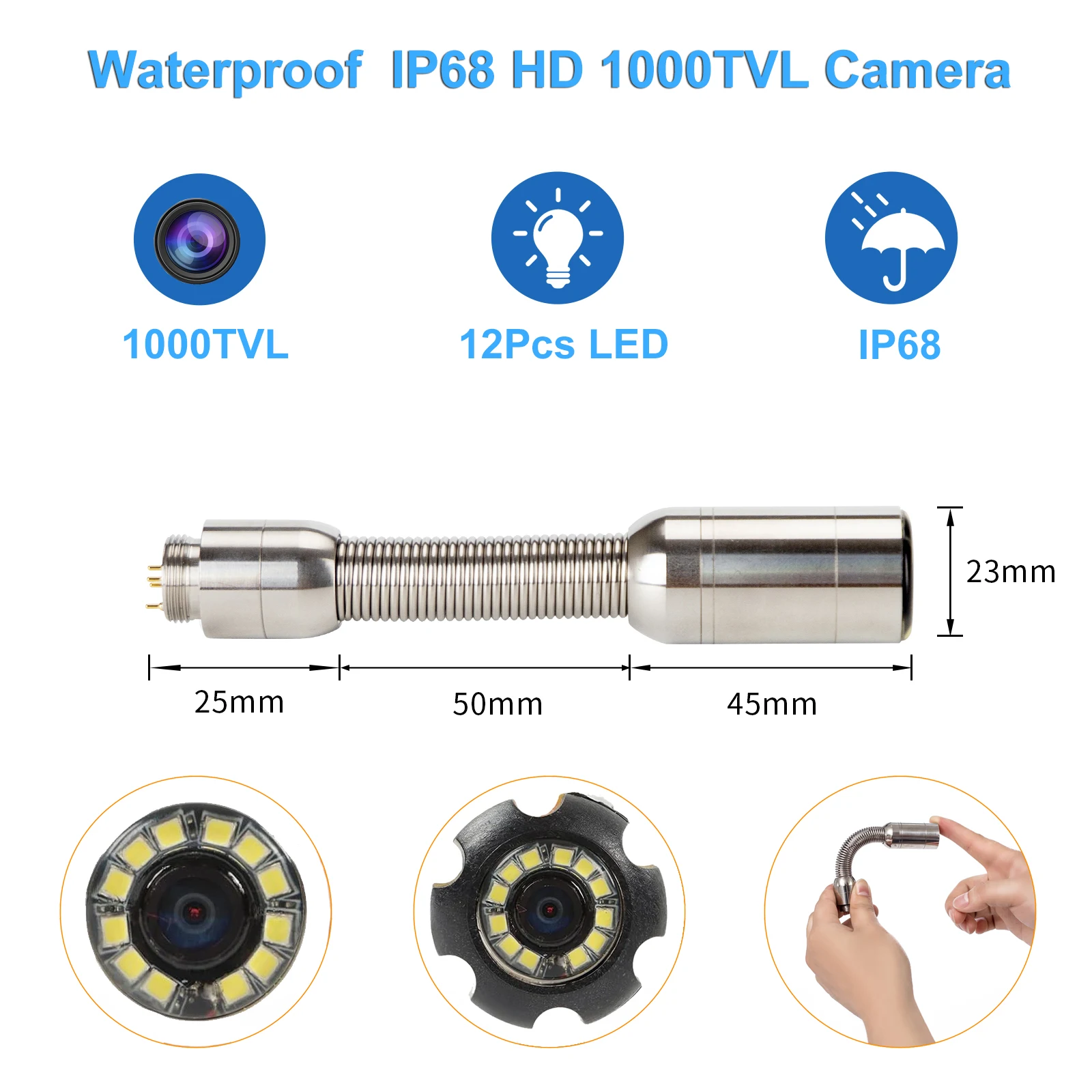 

1000TVL 23mm Stainless Steel Industrial Sewer Pipe Endoscope Video Camera Head Waterproof IP68 Used For Pipeline Inspection