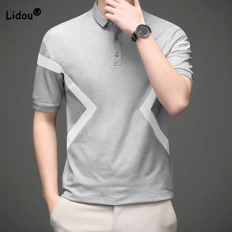 

Trend Handsome Men's Short Sleeve Polo T-shirt 2023 Business Casual Korean Patchwork Solid Color Tops Summer New Male Clothes
