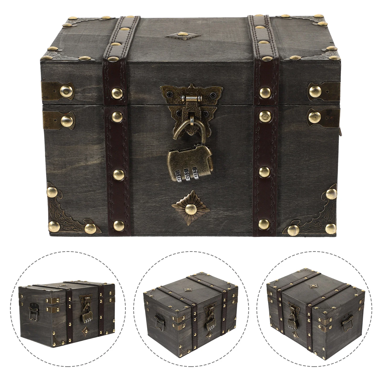 

Wood Treasure Chest Storage Boxes Trinket Case Coin Bank Locked Retro Wooden Jewelry Piggy