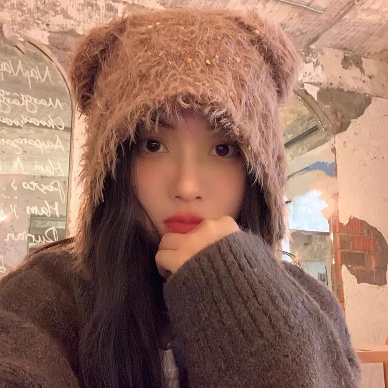 

Милая и милая вязаная шапка в Корейском стиле с цветными пятнами для защиты ушей, утолщенный Теплый Универсальный пуловер со шнуровкой и ушками медведя, облегающие шапки