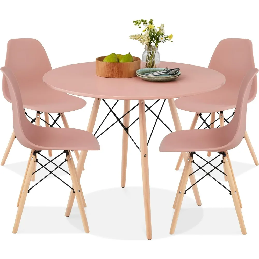 

5-Piece Dining Set, Compact Mid-Century Modern Table & Chair Set for Home, Apartment w/ 4 Chairs, Plastic Seats, Wooden Legs