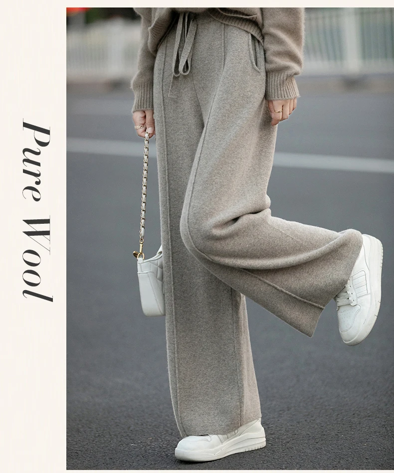 بنطلون نسائي واسع الساق من الصوف الخالص 100٪ مع جيوب للارتداء خارج المنزل، سروال للجري، ملابس نسائية بنطلون نسائي واسع الساق من الصوف الخالص 100٪ مع جيوب للارتداء خارج المنزل، سروال للجري، ملابس نسائية