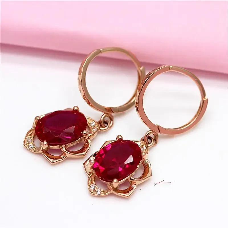 

585 Purple Gold Plated 14K Rose Gold Inlaid Ruby Flower Earrings for Women Luxury Dinner Party Wedding Fashion Jewelry