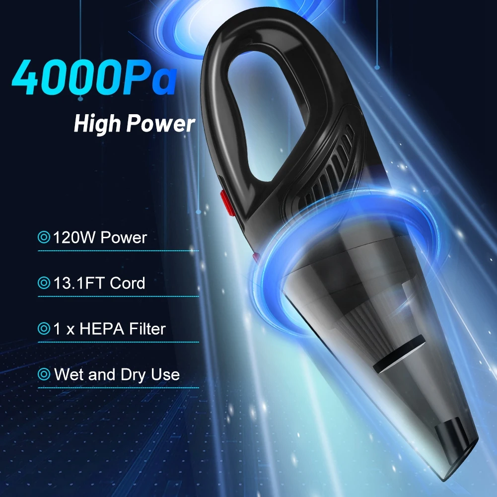 

Car Vacuum 4000Pa High Power Strong Suction Corded Mini Portable Handheld Vac Wet and Dry Use Car Vacuum Cleaner