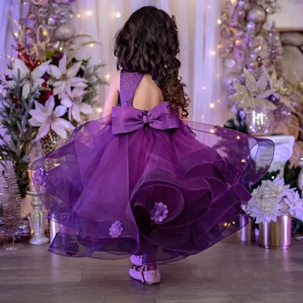 

Purple Flower Girl Dress For Wedding Applique Sleeveless Bow Puffy Tulle Cute Kids Birthday Party First Communion Ball Gowns
