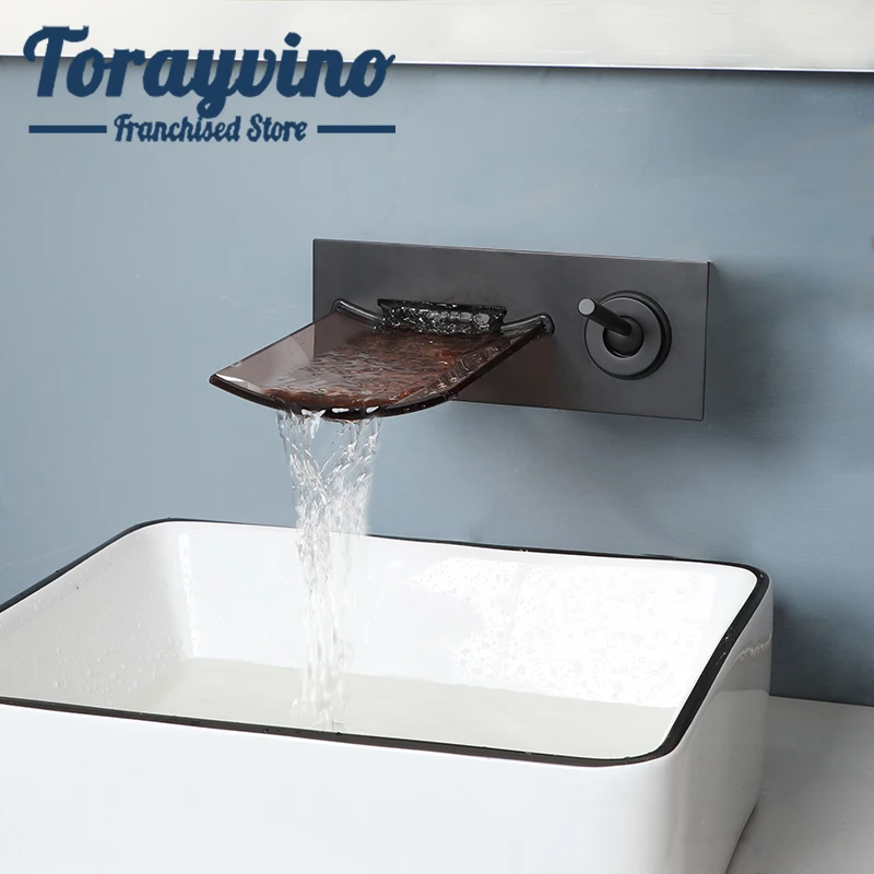 

Torayvino Matte Black Bathroom Basin Faucet Wall Mounted Circular Arc Glass Waterfall Outlet Single Handle Hot Cold Mixer Taps