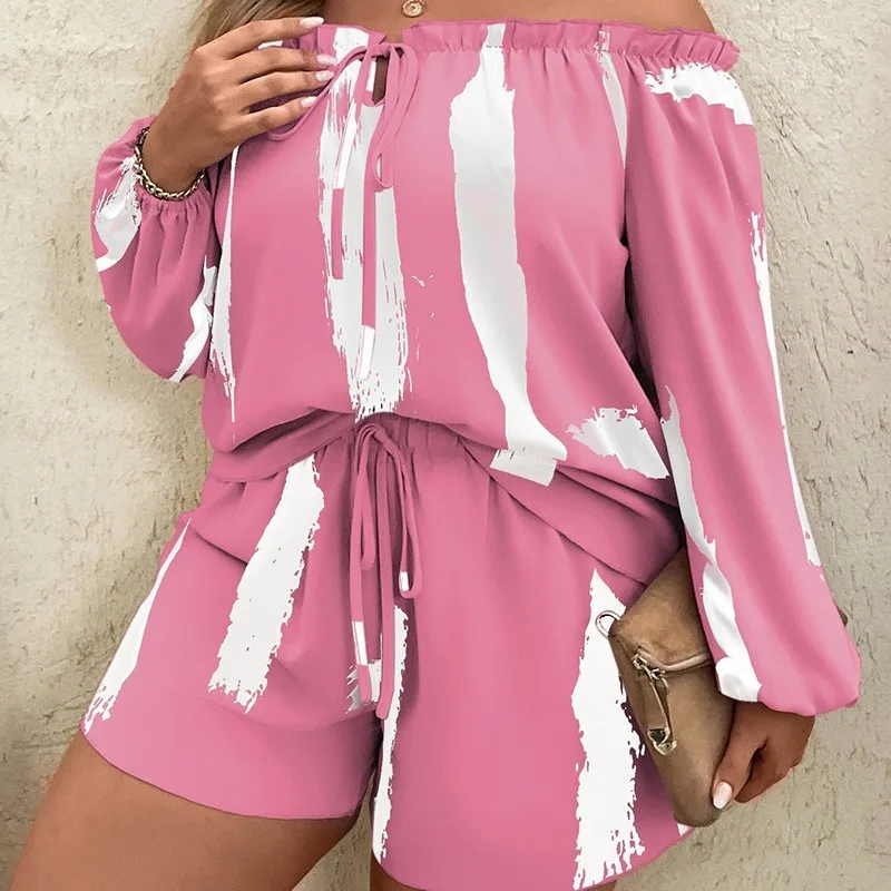 

2024 Spring Summer New Women's Clothing off-Neck Ruffled Tied Long Sleeve Shorts Printing Suit 2-Piece Set