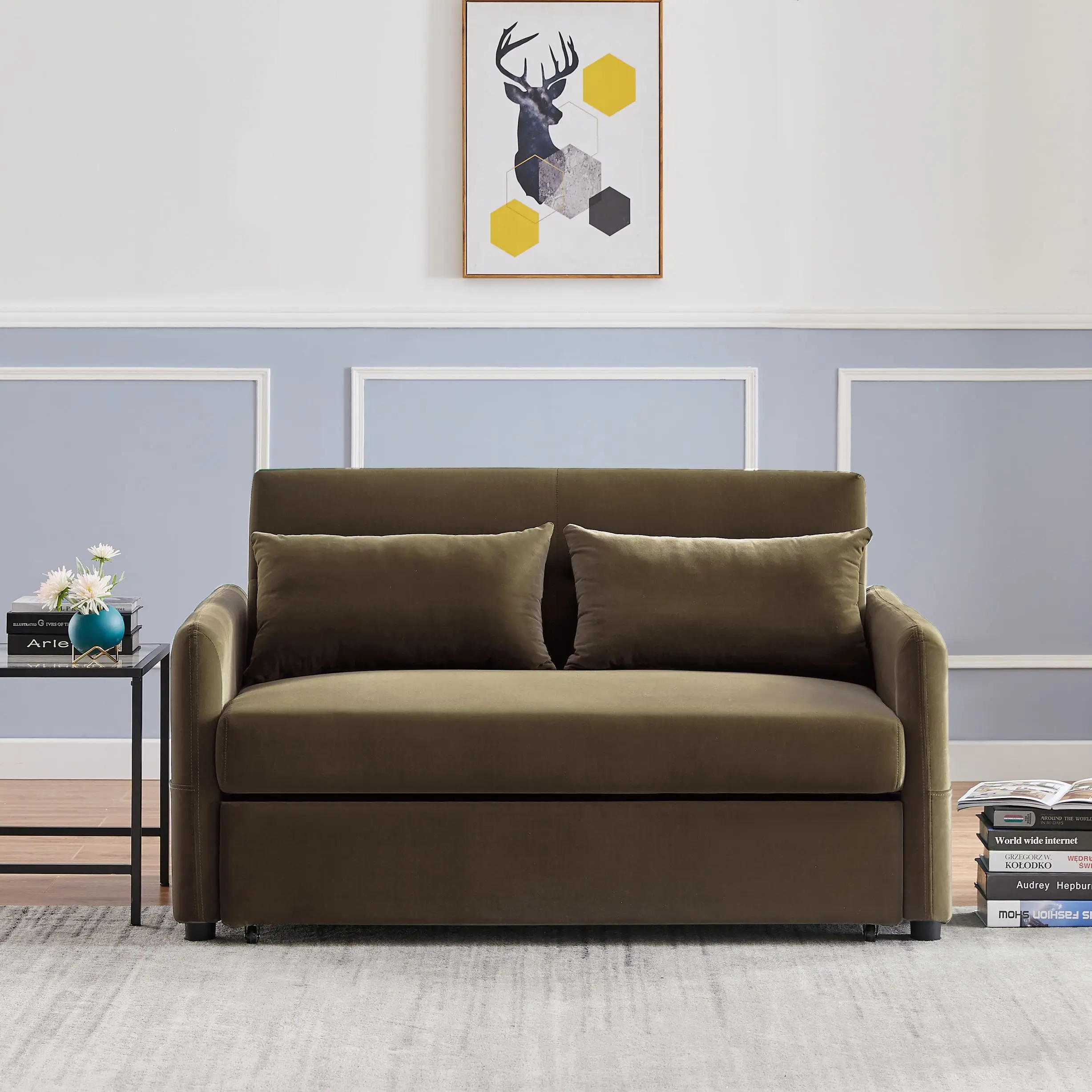 Double seat sofa bed sofa with pull-out bed, adjustable backrest with2lumbar pillows for small living rooms,apartments
Double seat sofa bed sofa with pull-out bed, adjustable backrest with2lumbar pillows for small living rooms,apartments
