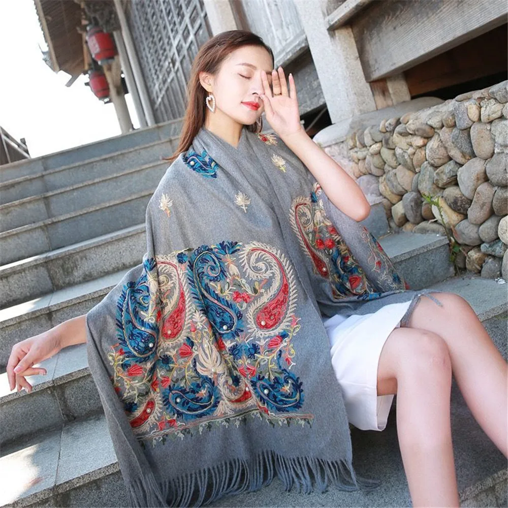 

Scarf women cotton and linen embroidered cashew nuts in autumn and winter national wind winter thick warm long cashmere shawl.