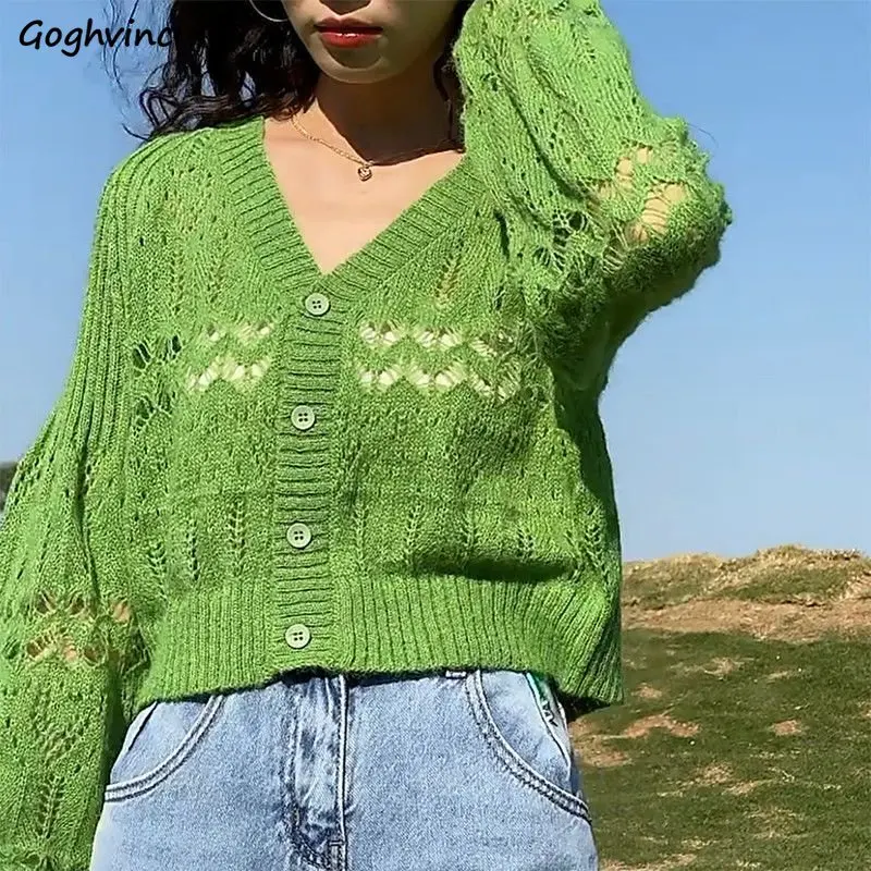 

Green Cardigans Women Loose Vintage Literary Temper Soft Hollow Out Designed Chic V-neck Lady Sunscreen Knitted New Arrival Crop