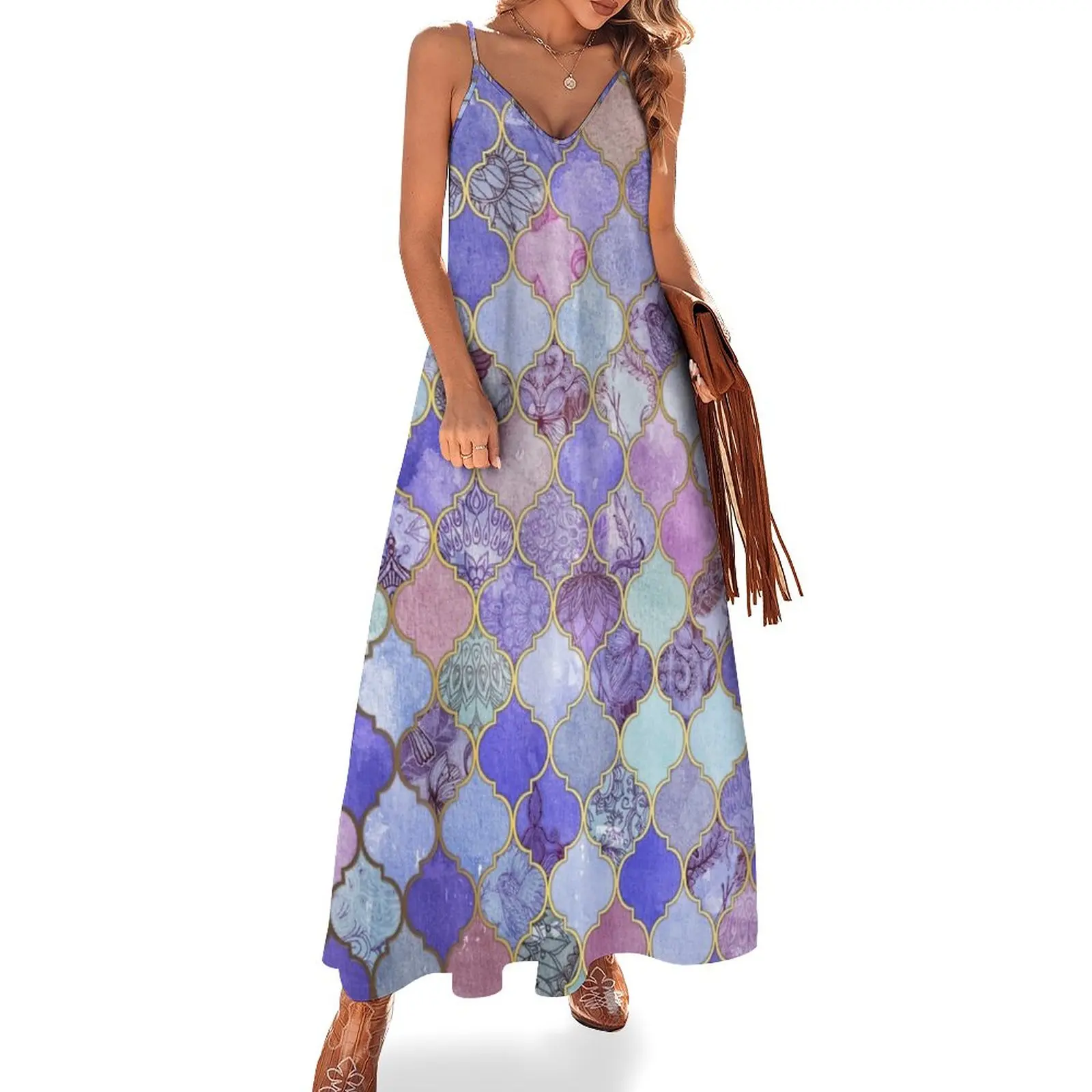 

Royal Purple, Mauve & Indigo Decorative Moroccan Tile Pattern Sleeveless Dress dress for women 2024 summer clothes for women