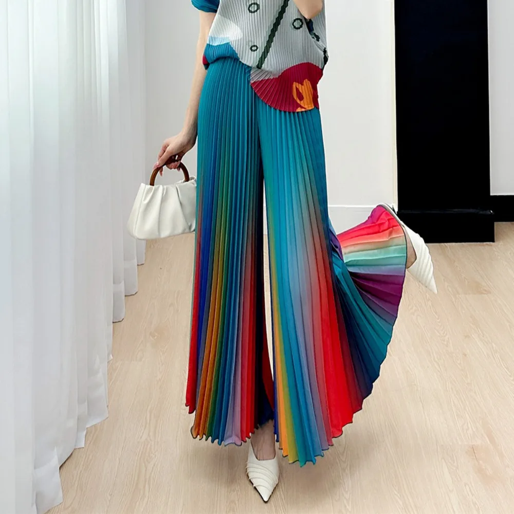 

Miyake Pleated Autumn New Gradient Casual Loose Hundred Wide-legged Flared Pants Fashion Street Style Rainbow Pants Womens Pants